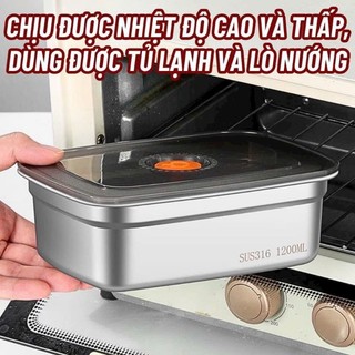khay đựng thức ăn inox 1500ml, hộp inox có nắp xám cam