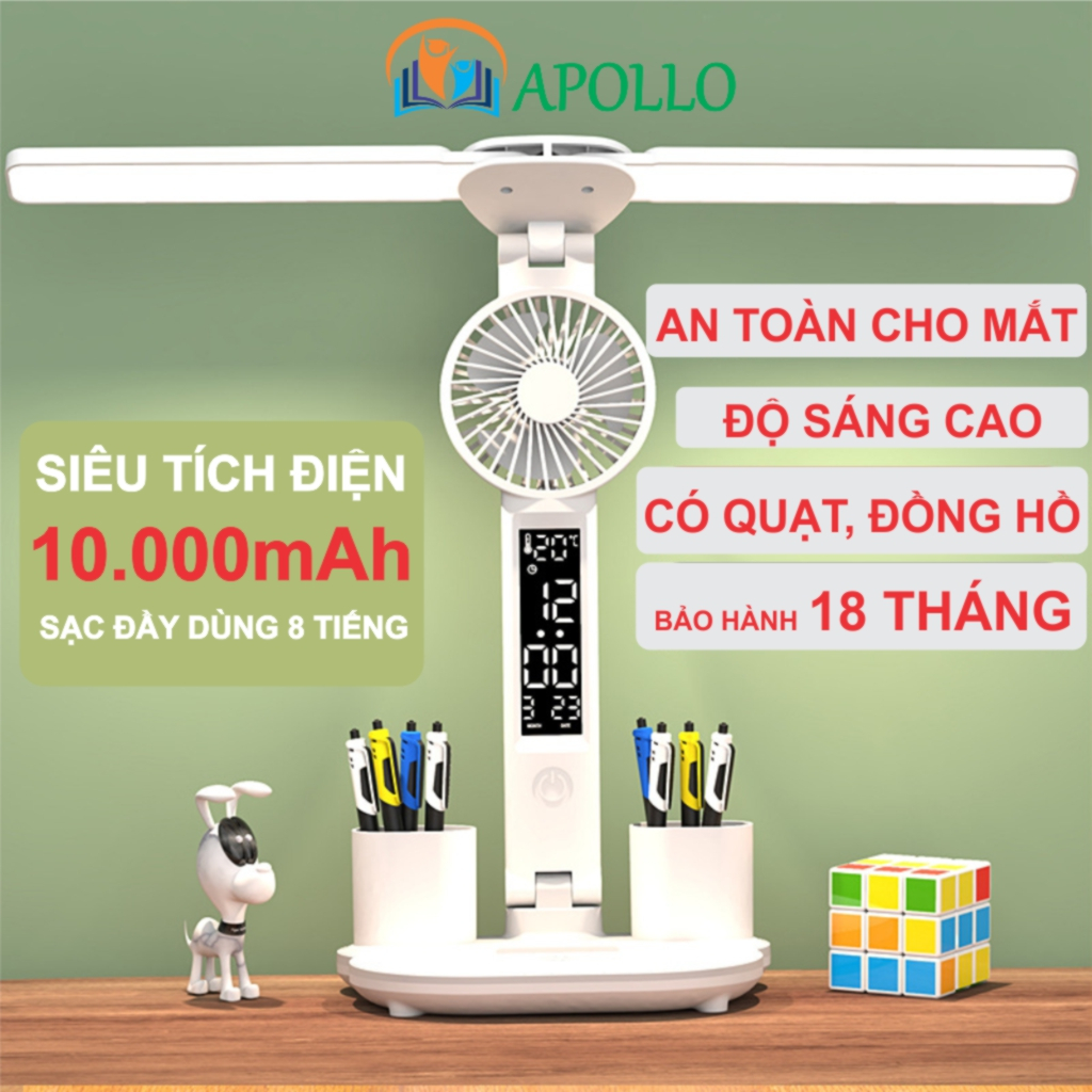 Đèn học để bàn chống cận Apollo, 2 Led pin tích điện 10.000mAh, đèn bàn học có quạt, hộp bút
