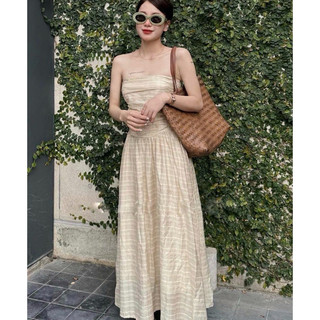 Đầm midi ống xoè nhún thân cúp ngực nude vintage