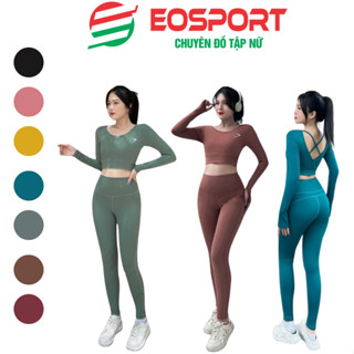 Bộ Tập Gym Yoga Nữ Dài Tay 2 Dây Chéo Lưng Set Tập Gym Nữ Mùa Đông Quần Dài Áo Croptop Tay Dài Co Kèm Sẵn Mút- D14