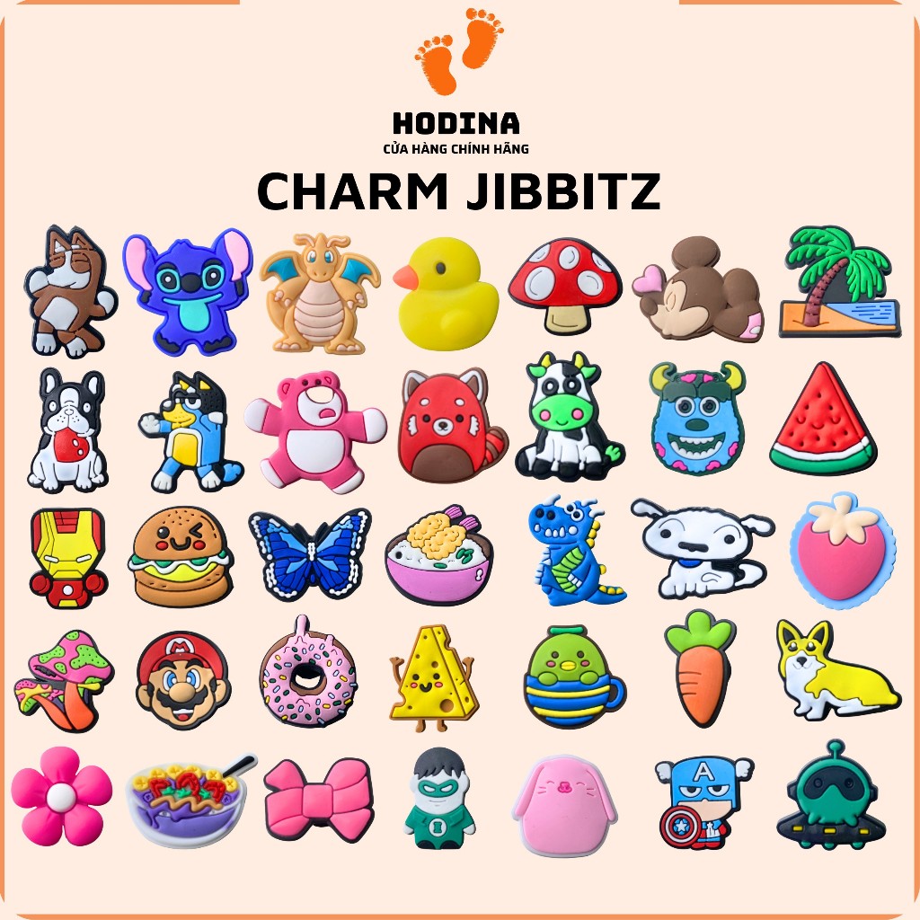 Sỉ bọc 100 Jitbitz sticker 2D đủ loại khác nhau gắn dép Sục, dép cá sấu, phụ kiện gắn giày dép