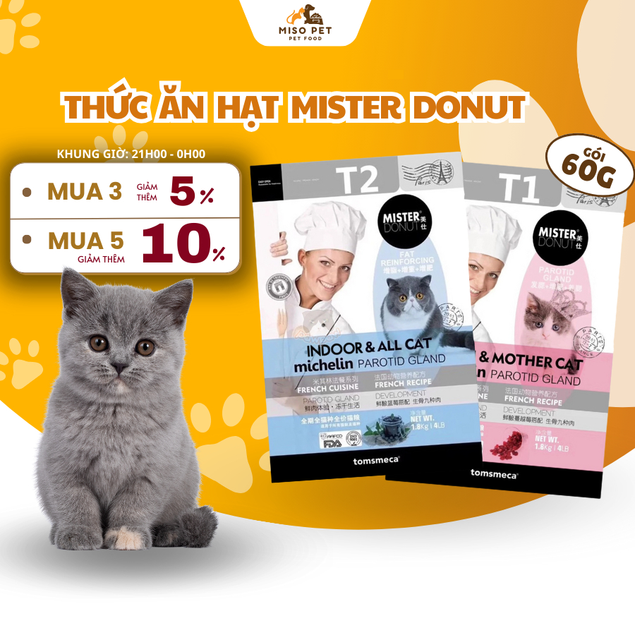 Hạt Mister Donut T1 và T2 Dành Cho Mèo Trưởng Thành Và Mèo Con Bổ Sung Dinh Dưỡng Túi 1,8KG