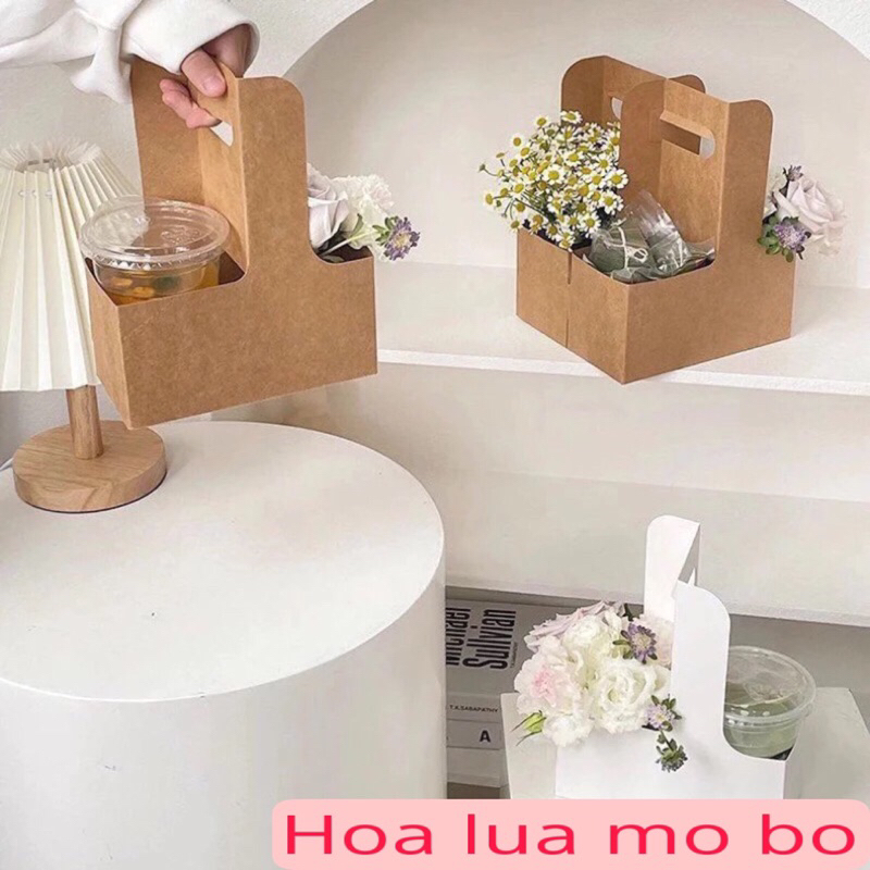 Túi Kraft 2 Ngăn, Hộp Giấy Cắm Hoa Đựng Đồ Uống Take Away dùng cho shop hoa, tiệm trà sữa Mơ Bơ