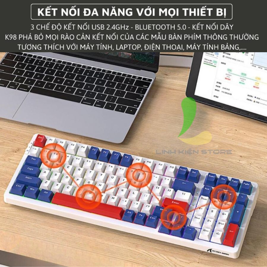 Bàn phím cơ bluetooth Attack Shark K98 - Bàn phím máy tính 100 phím full led, cấu trúc Gasket xịn xò | BigBuy360 - bigbuy360.vn