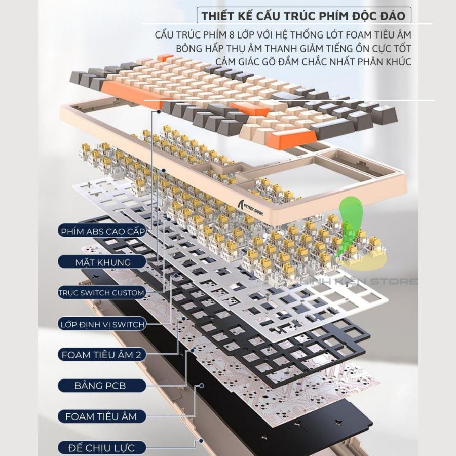 Bàn phím cơ bluetooth Attack Shark K98 - Bàn phím máy tính 100 phím full led, cấu trúc Gasket xịn xò | BigBuy360 - bigbuy360.vn