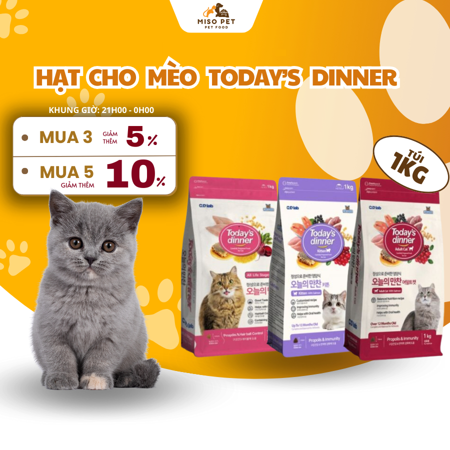 Hạt Cho Mèo Today's Dinner Túi Nguyên Seal 1kg Dạng Hạt Viên Dành Cho Mọi Lứa Tuổi Nhập Khẩu Hàn Quốc