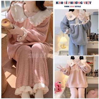  Bộ lông cooe sen bèo đính hoa điệu đà tiểu thư Đồ mặc nhà mùa đông lông cừu mềm ấm - KHOSI 