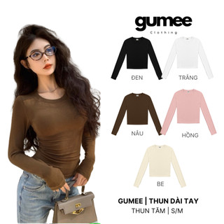 Áo thun tay dài cổ tròn croptop dáng ôm nữ, áo nữ dài tay trơn tay xỏ ngón chất thun tăm mát nhiều màu - GUMEE