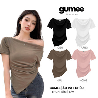Áo kiểu nữ lệch vai ngắn tay, áo trễ vai nữ vạt chéo nhọn cổ thuyền chất thun mềm phong cách tiểu thư Hàn Quốc - Gumee