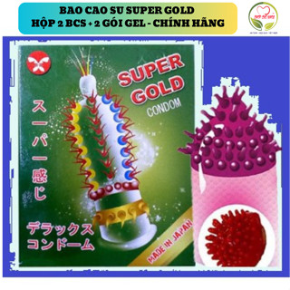Bao Cao Su Super Gold Hộp 2 Bcs + 2 gói gel, bao cao su siêu gai Gai Bi Râu, chính hãng có đăng ký nhãn độc quyền