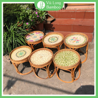 Bàn uống trà mini vintage, bàn trà mây tre thủ công nhỏ, bàn khảm trai họa tiết vintage, khay trà khảm trai