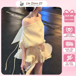 Váy Trễ Vai Hở Lưng Chất Voan Tơ 2 Lớp Đính Hoa Chân Váy Xòe Sang Chảnh LinStore.25