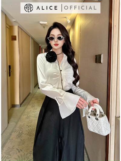 Set Áo Công Sở ALICE (Không Kèm Đai Hoa) Áo Lụa Cổ V Nhúm Ngực Kèm Quần Ống Suông Thiết Kế Tay Chuông Sang Chảnh S678