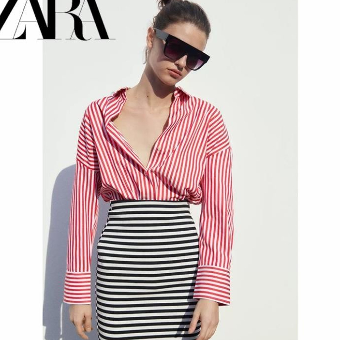 Morocco Zara made in Morocco đủ tag Áo Sơ Mi Dài Tay Dáng Rộng kẻ hồng nhỏ