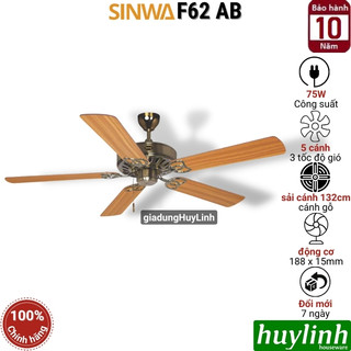 Quạt trần trang trí cánh gỗ sinwa f62 ab - 5 cánh