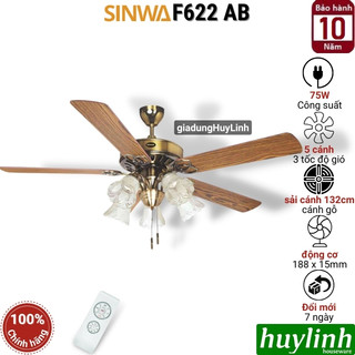 Quạt trần đèn cánh gỗ sinwa f622 ab - 5 cánh - remote