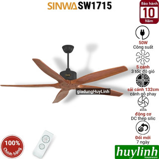 Quạt trần dc inverter cánh gỗ phay sinwa sw1715 - 5 cánh