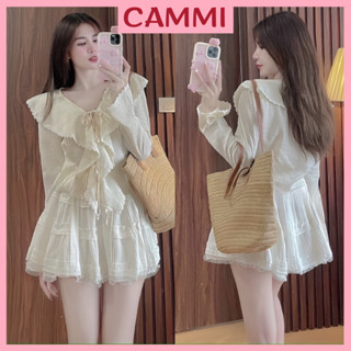 Set váy áo sơ mi kiểu phối ren chất đũi gân chiết eo có dây buộc sau tôn eo,chân váy có quần trong HB156