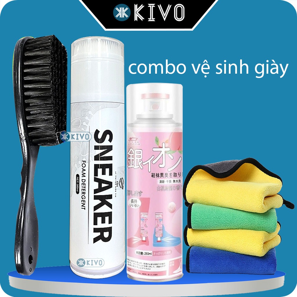 Bộ Vệ Sinh Giày TNT Siêu Sạch/  Giặt Giày Khô - Xịt Khử Mùi Giày Nano Bạc/ Khăn Lau Giày - Chống Thấm Giày Nano Kivo