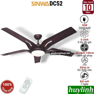 Quạt trần đèn led sinwa dc52 - 5 cánh - dc inverter