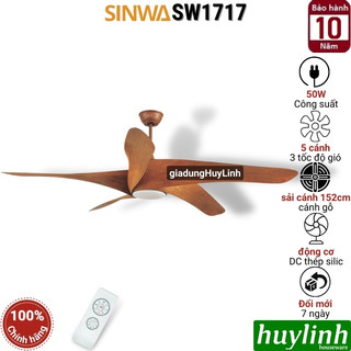 Quạt trần đèn led cánh gỗ phay sinwa sw1717 - 5 cánh - dc inverter