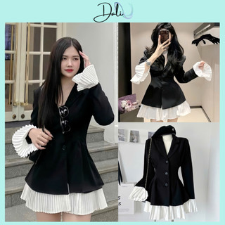 Set Váy Cổ Vest Sang Trọng Dáng Xoè Phối Bèo Xếp Ly Chất Liệu Chéo Hàn + Kèm Quần Trong