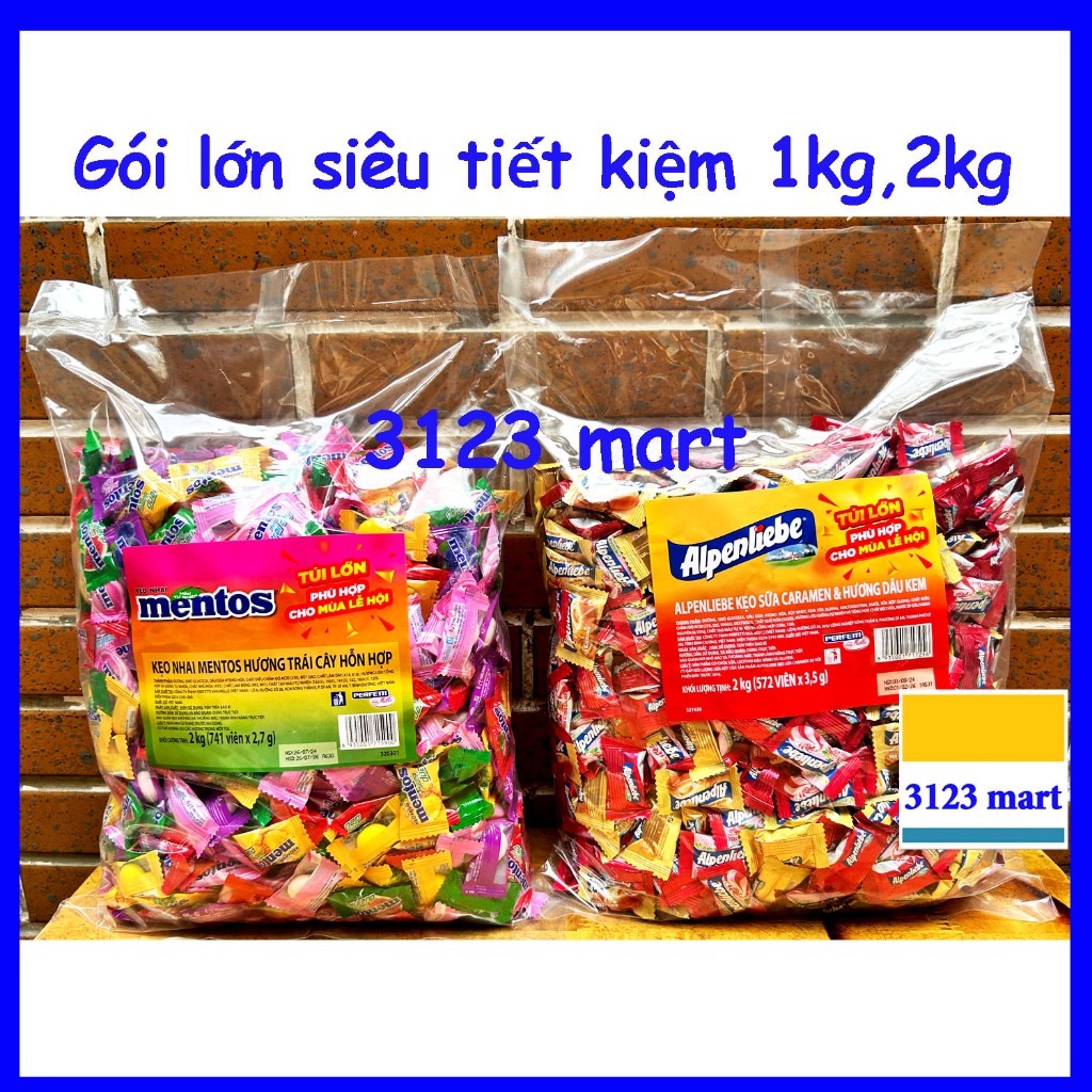GÓI 2KG Kẹo Alpenliebe gói lớn caramen dâu kem,MENTOS cầu vồng, quả mọng, cafe sữa PHỐ