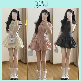 Váy Thô Dáng Bí Cổ Tròn Tay Hến Gắn Nơ Ngực Phối Viền Ren Có Dây Buộc Eo Tặng Kèm Quần Trong