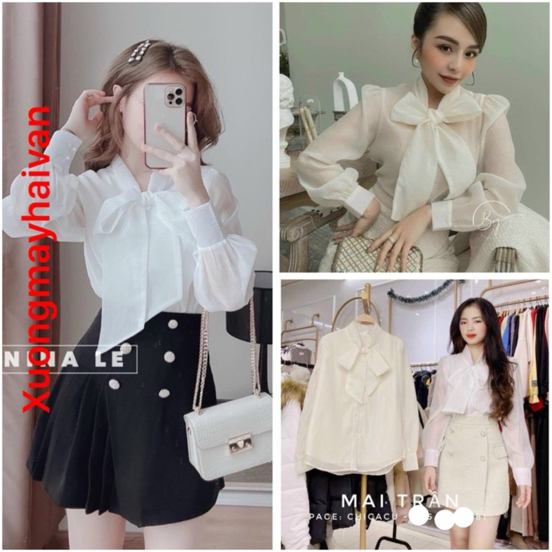 HV - Áo sơ mi tơ  lụa cột nơ 2 khuy tay