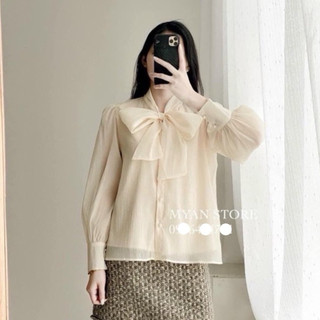 HV - Áo sơ mi tơ  lụa cột nơ 2 khuy tay