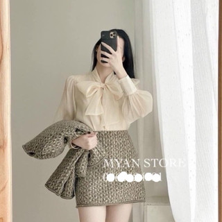 HV - Áo sơ mi tơ  lụa cột nơ 2 khuy tay