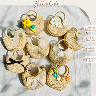 (Size 20cm) Túi xách giỏ cói lục bình kiểu bầu bán nguyệt đính hoa nơ xinh đẹp cho nữ Ghiền Cói