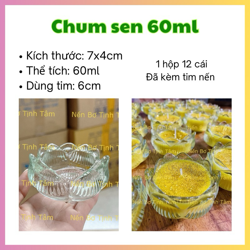 [ Hộp 12 Cái ] Đế Nến Hoa Sen, Chum Sen 60ML, Tặng Kèm Tim Nến - Nến Bơ Tịnh Tâm