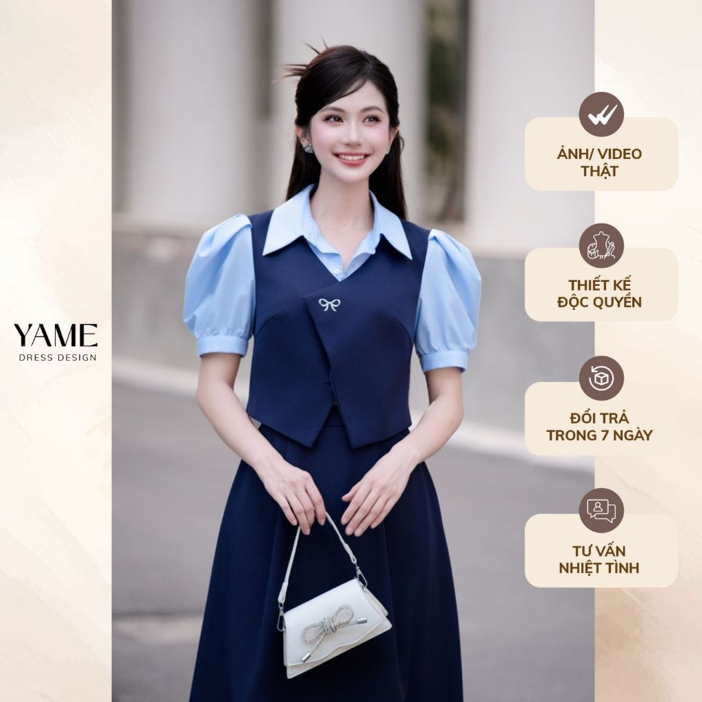 Áo nữ dáng phối yếm màu xanh ngắn tay vạt chéo thêu nơ cổ sơ mi YAME YA431
