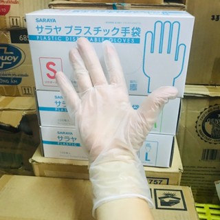  Găng Tay Nhựa Dẻo PVC SARAYA  Không Bột - Găng Tay Dùng 1Lần An Toàn Thực Phẩm Chống Nước 100c Hộp 