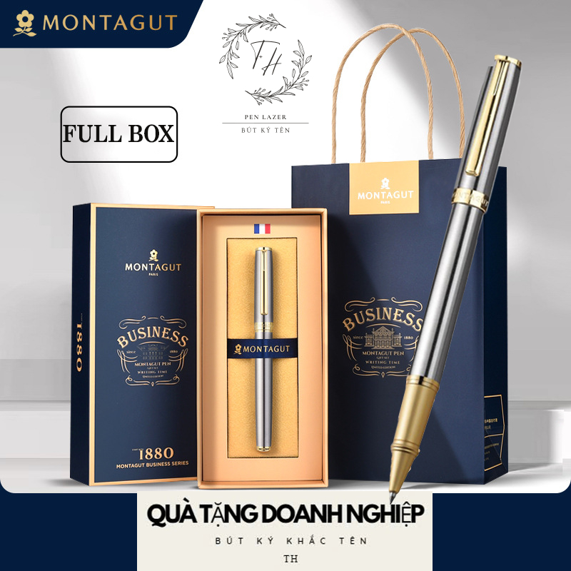 Set bút bi ký tên Montagut màu bạc bằng kim loại cao cấp chính hãng, làm quà tặng, bút ký khắc tên - Fullbox