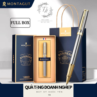 Set bút bi ký tên Montagut màu bạc bằng kim loại cao cấp chính hãng, làm quà tặng, bút ký khắc tên - Fullbox
