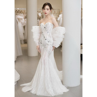 Đầm cưới đi bàn cô dâu LILYSTORE đuôi cá cúp ngực đính hạt bắt sáng+ nơ lưng full size s/m/l/xl nhận may theo số đo big