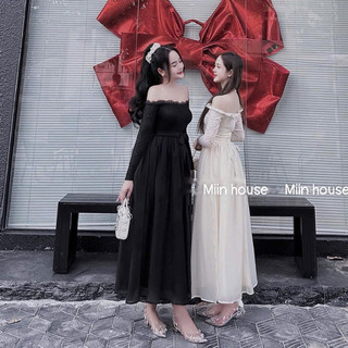Váy trễ vai bèo buộc nơ eo