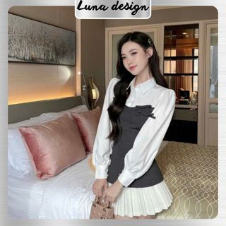   109 -Set áo sơ mi phối tay thanh lịch cùng chân váy xếp ly cạp cao chiết eo LUNA DESGIN 