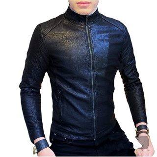 Áo khoác da nam cổ tàu lót dù, lót gió 2 màu nâu và đen fom body chất da cao cấp