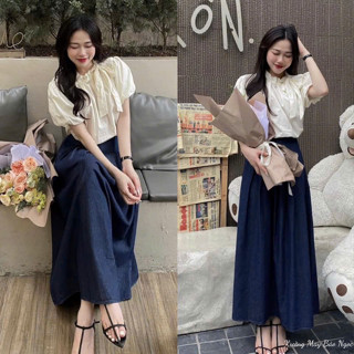 Váy Dự Tiệc - Set Váy Nữ Áo Nude Có Nơ Mix Chân Váy Midi Siêu Xinh Sang Luôn Xưởng May Bảo Ngọc