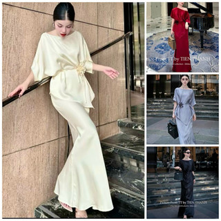 Set (Áo+Chân Váy+Dây Hoa) Phi Lụa Hàng Thiết Kế, Set Áo Trễ Vai Tay Dơi Phối Chân Váy Cá Dài Sang Chảnh