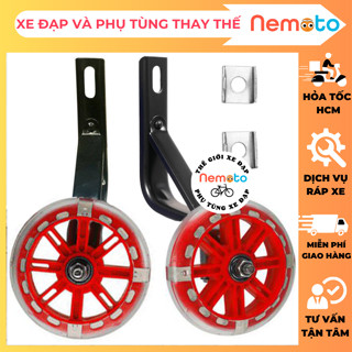 Bánh phụ xe đạp trẻ em có đèn LED sáng, Cao su , Decal (bộ gồm cả bộ 2 bánh + chân sắt+ 2 pát sắt )