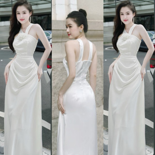 Váy LỤA Dự Tiệc ĐÍNH HOA HỒNG  CỔ YẾM NHẸ NHÀNG Dáng Dài HAI Dây Sau Xoè Nhẹ Xếp Ly Chất Lụa Mềm Mịn - TUONGVY987