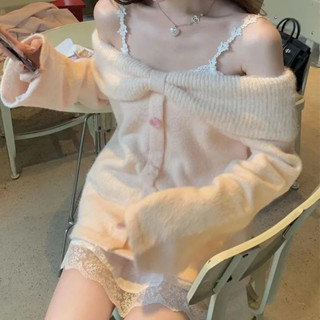 [ẢNH THẬT] SẴN Áo len trễ vai cổ nơ xinh rộng dài tay form rộng màu hồng baby ngọt ngào có khuy len mịn thu đông