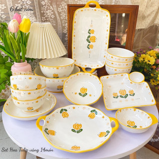  Bát Đĩa sứ Decor Chén Dĩa Sứ Dễ Thương Cute Bát Ăn cơm trang trí đồ ăn cực đẹp Bộ bát đĩa hoa tuy lip vàng xinh yêu. 
