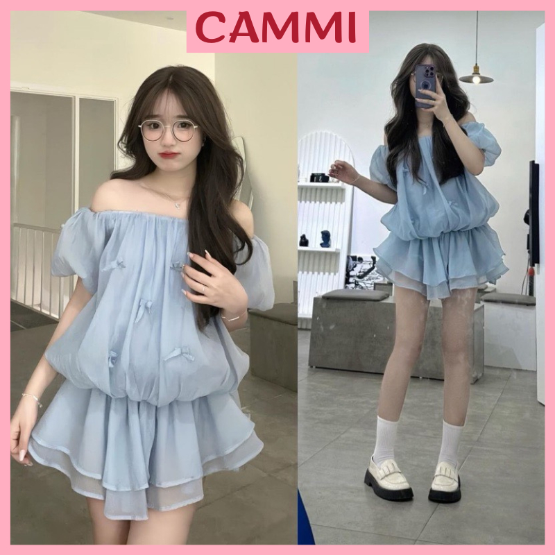 Váy áo trễ vai chất voan xốp(k kèm quần) đính nơ tay bồng chun bo xoè bồng tiểu thư xinh xắn HA366