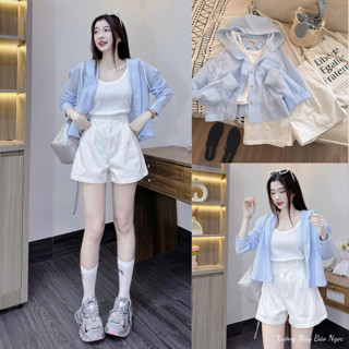 Set 3 Món - Áo 2 Dây Phối Sơ Mi Dài Tay Sọc Kẻ Xanh Có Mũ Mix Quần Đùi Trắng Xinh Mê Xưởng Bảo Ngọc