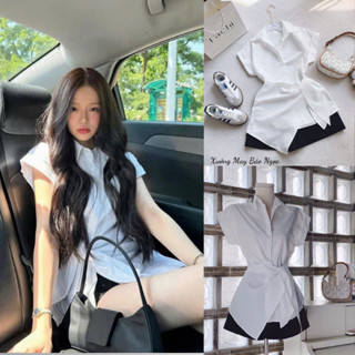  Set Váy Nữ Áo Sơ Mi Trắng Lệch Thắt Nơ Eo Tay Hến Mix Quần SHORT Đen Tiểu Thư Xinh Mê 